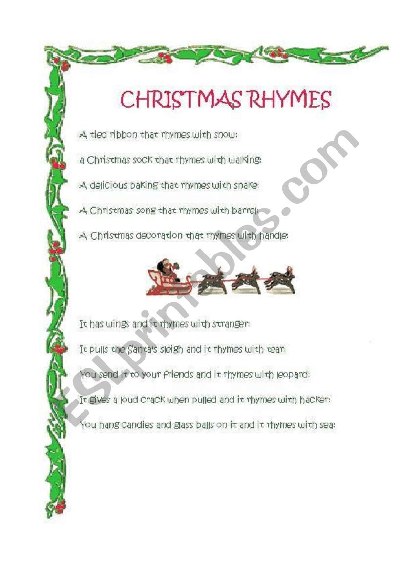 Xmas Rhymes - Esl Worksheeteolia in Christmas Rhyming Words Worksheet