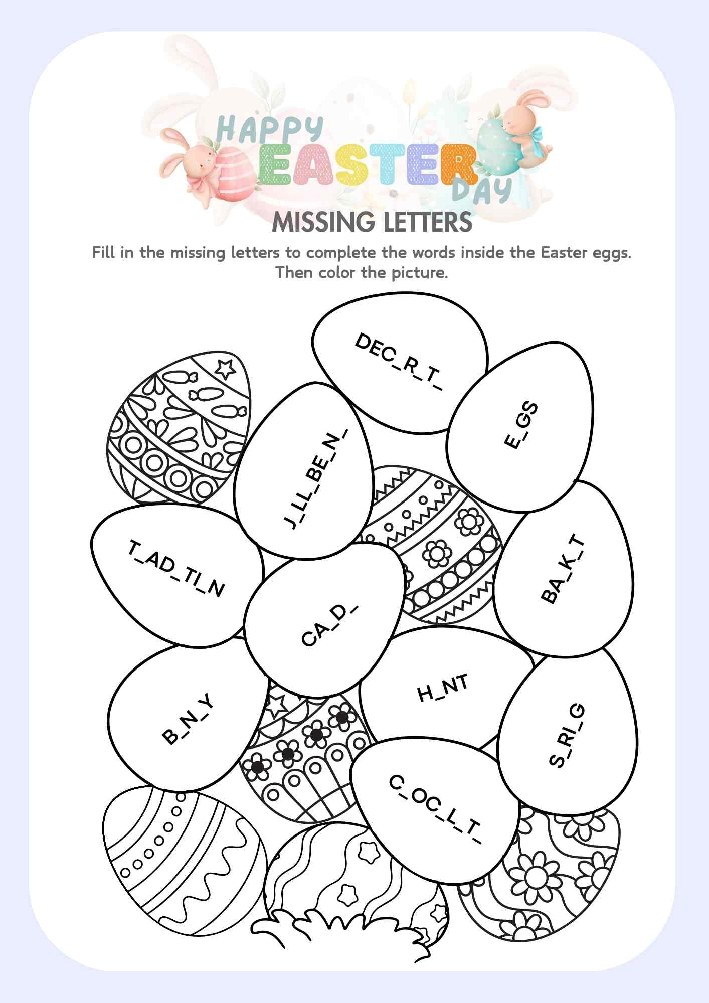 Easter Day Fill In The Missing Letters And Color Easter Eggs Free with regard to Easter Day Worksheets