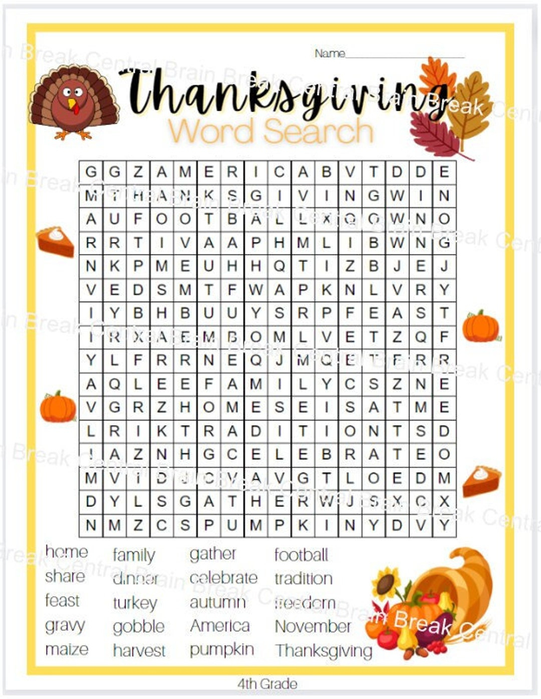 4Th Grade Thanksgiving Word Search With Answer Key, Printable - Etsy for 4th Grade Thanksgiving Worksheets