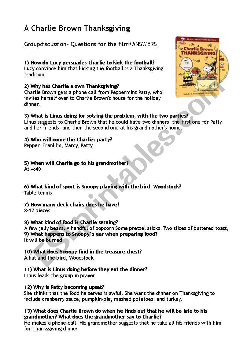 A Charlie Brown Thanksgiving- Answers - Esl Worksheetstella_Mater inside A Charlie Brown Thanksgiving Worksheet
