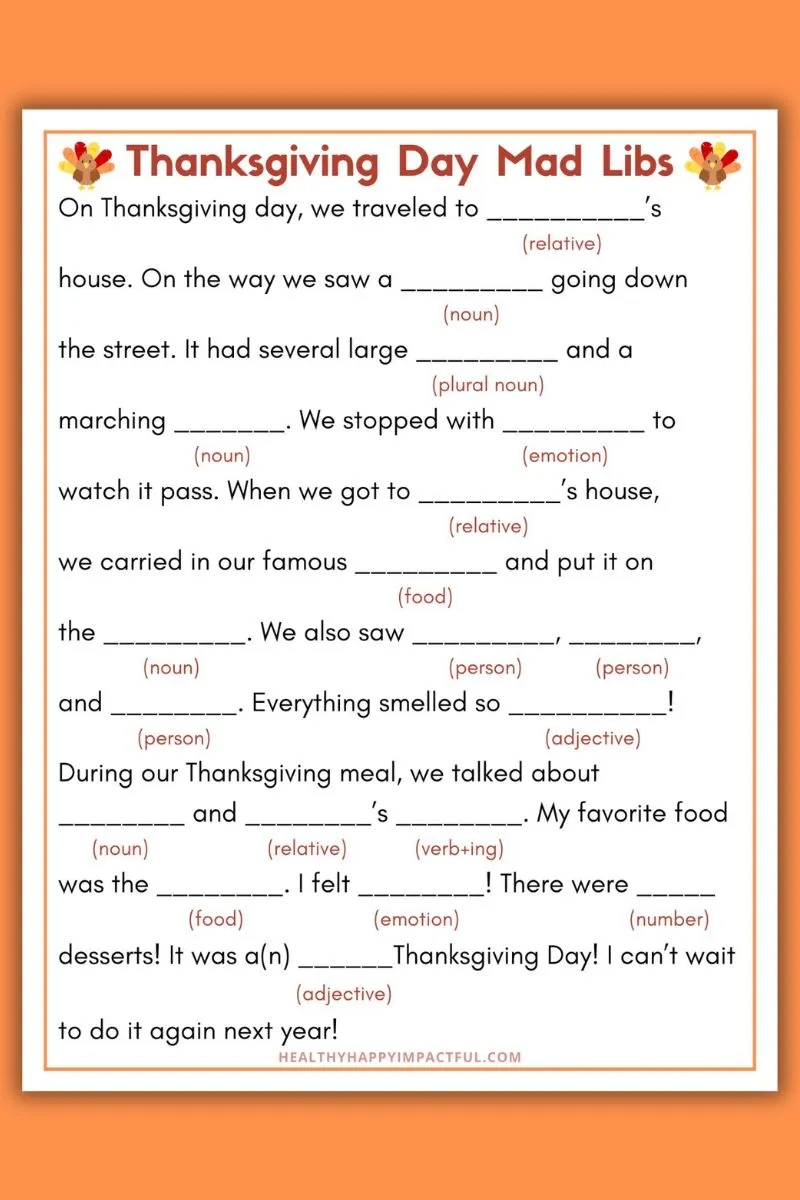 Best Thanksgiving Mad Libs Free Printable (Use It This Year!) intended for Thanksgiving Mad Libs Worksheets