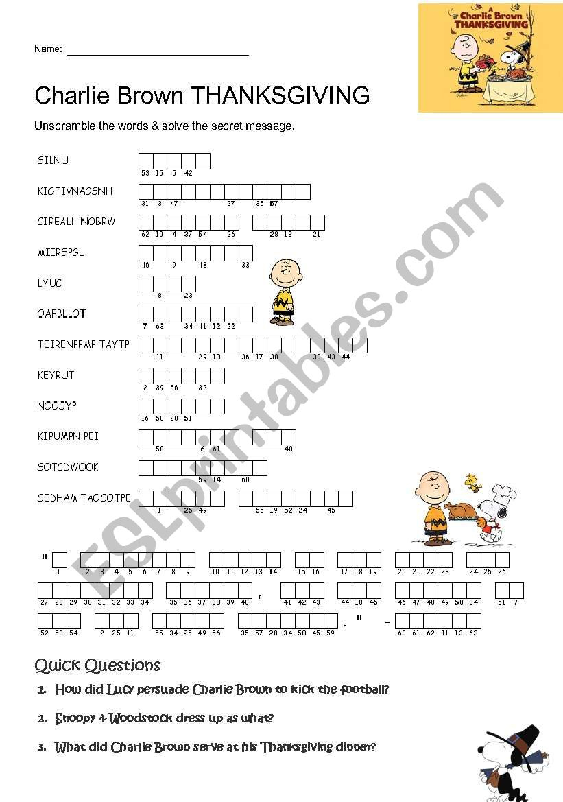 Charlie Brown Thanksgiving - Esl Worksheetgaijin101 intended for A Charlie Brown Thanksgiving Worksheet