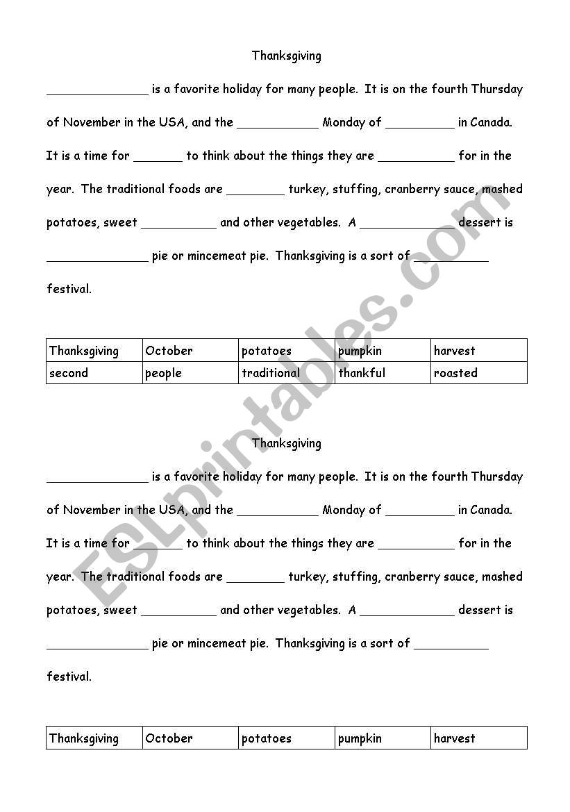 English Worksheets: Thanksgiving Cloze throughout Thanksgiving Cloze Worksheets