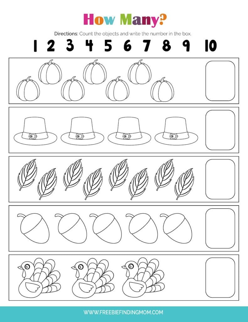Free Preschool Printable Worksheets: Thanksgiving Math for Thanksgiving Math Kindergarten Worksheets