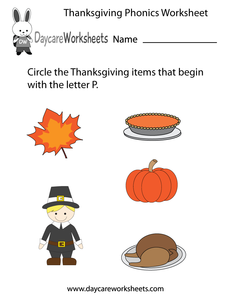 Free Preschool Thanksgiving Phonics Worksheet in Thanksgiving Phonics Worksheets