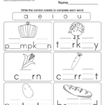 Free Printable Missing Vowels Thanksgiving Worksheet Inside Free Printable Kindergarten Thanksgiving Worksheets