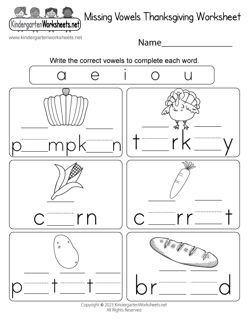 Free Printable Missing Vowels Thanksgiving Worksheet pertaining to Kindergarten Thanksgiving Worksheets Free