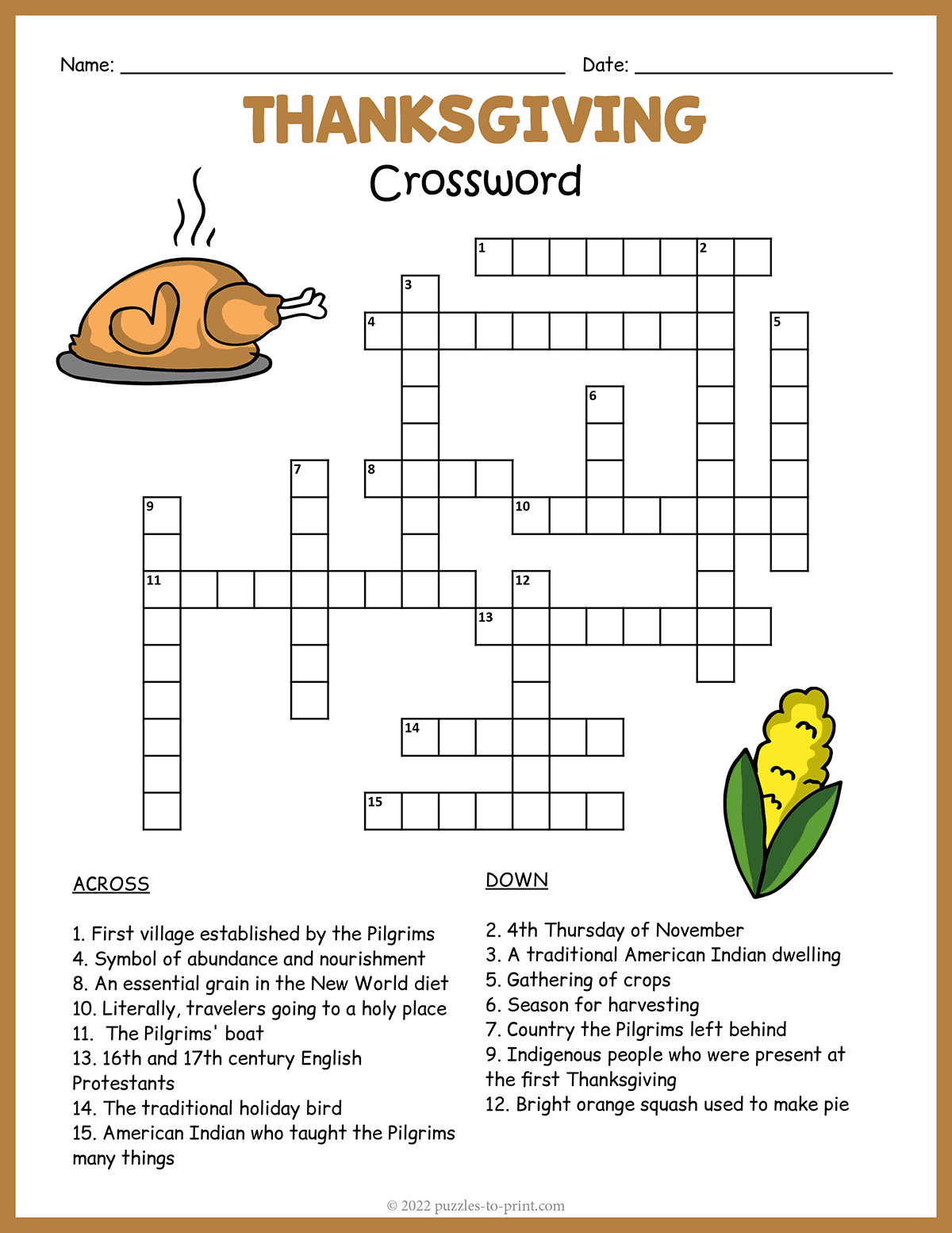 Free Printable Thanksgiving Crossword in Thanksgiving Crossword Puzzle Worksheet