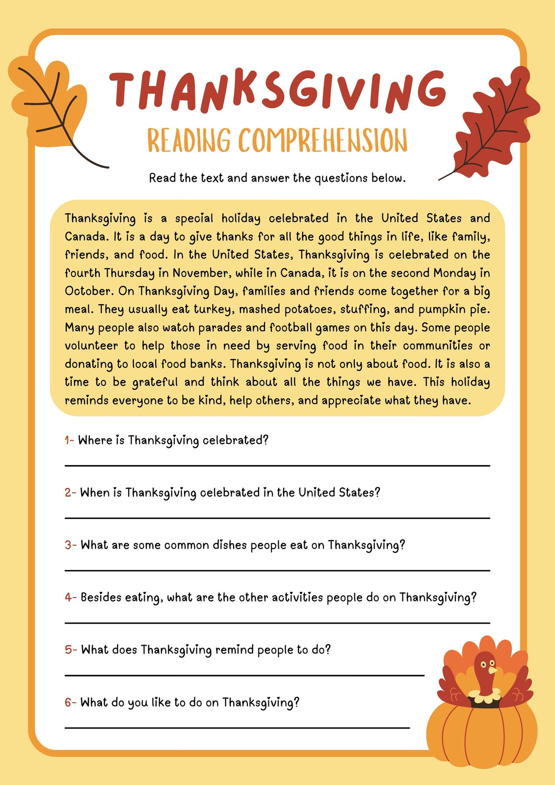 Free Printable Thanksgiving Worksheet Templates | Canva throughout Free Printable Thanksgiving Reading Comprehension Worksheets