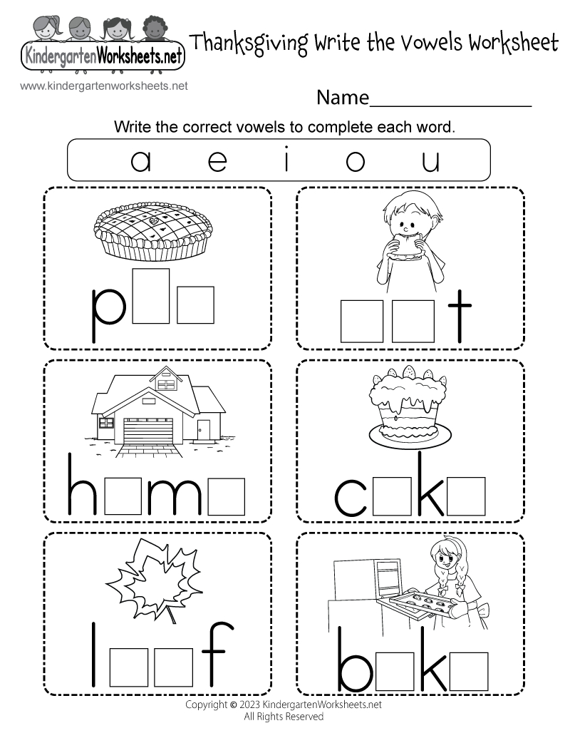 Free Printable Thanksgiving Write The Vowels Worksheet throughout Printable Thanksgiving Worksheets For Kindergarten