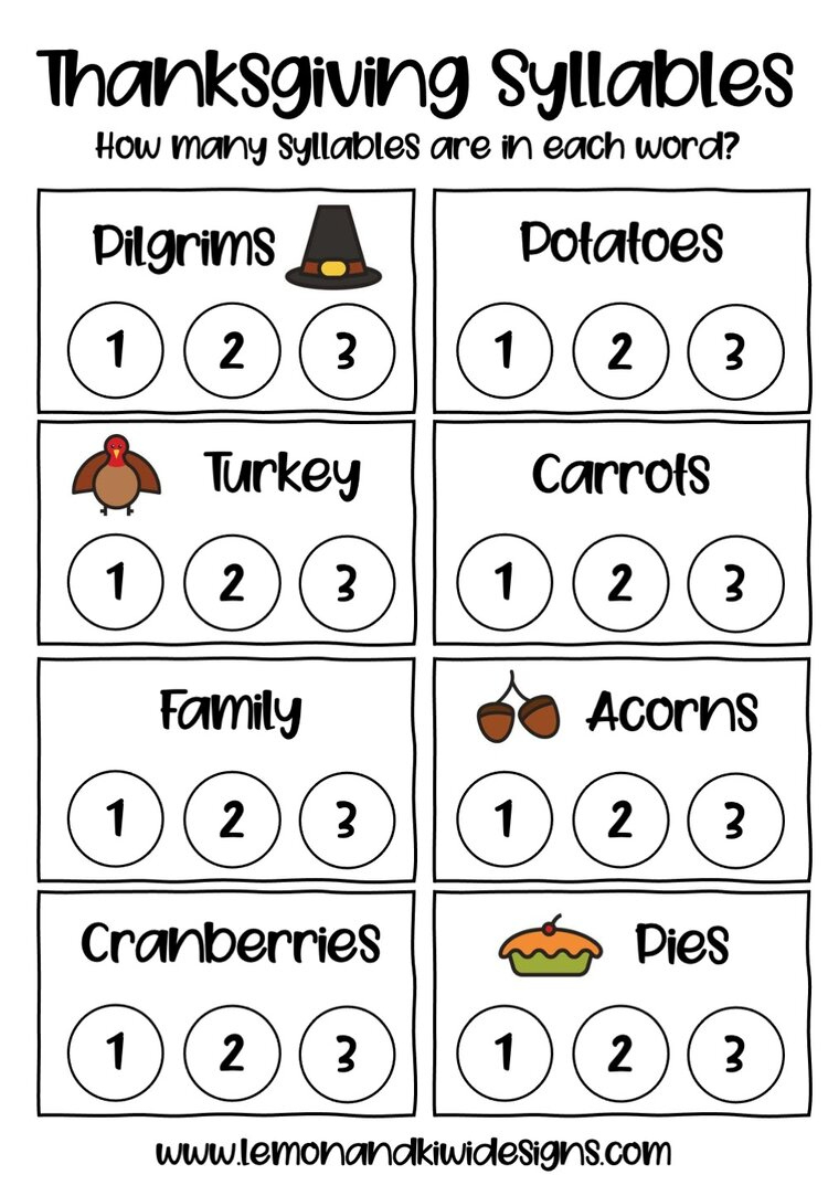 Free Thanksgiving Literacy Printables - Lemon And Kiwi Designs inside Thanksgiving Syllable Worksheets