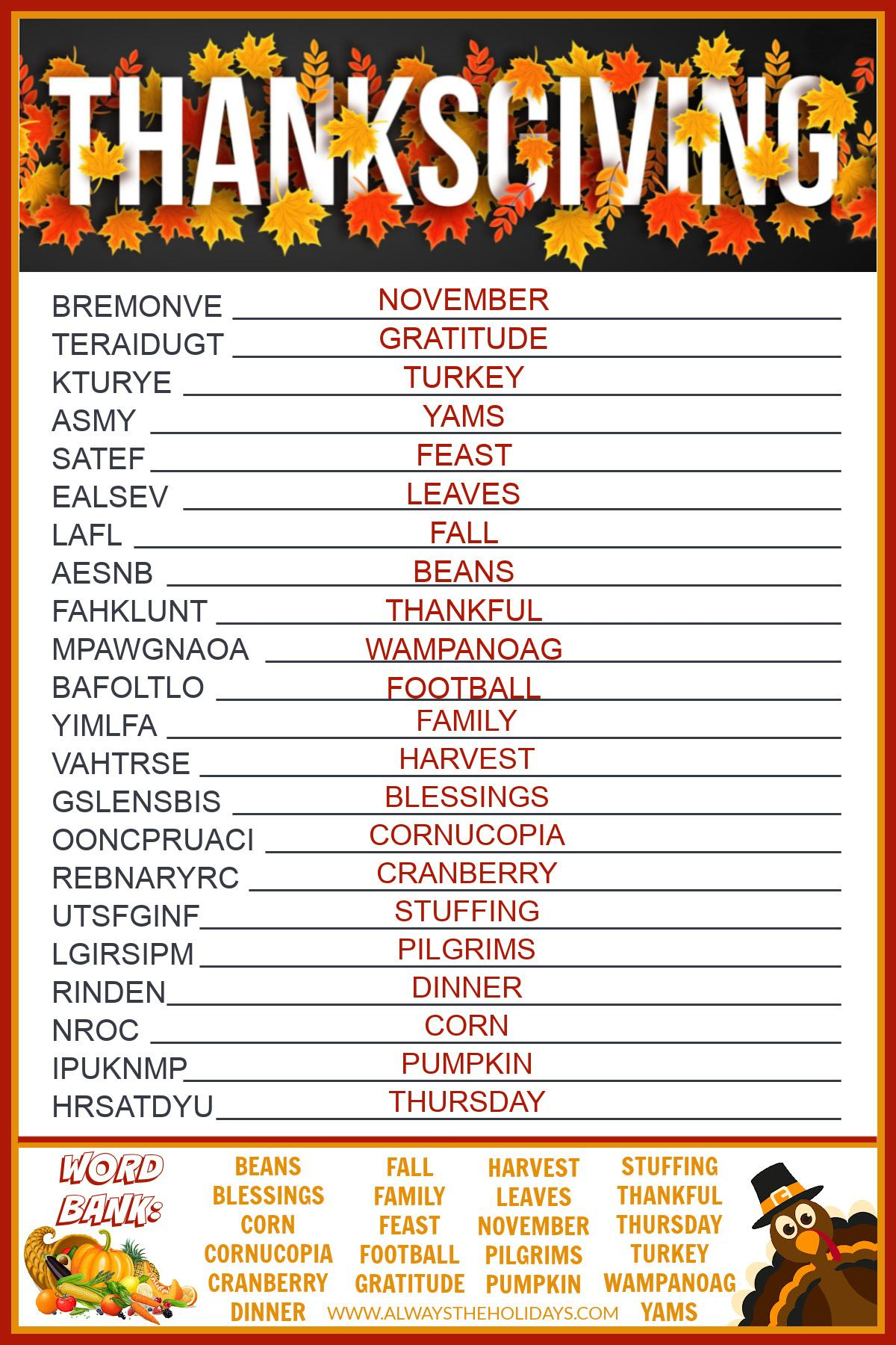 Get A Free Printable Thanksgiving Word Scramble With Answers within Thanksgiving Word Scramble Worksheet Answers