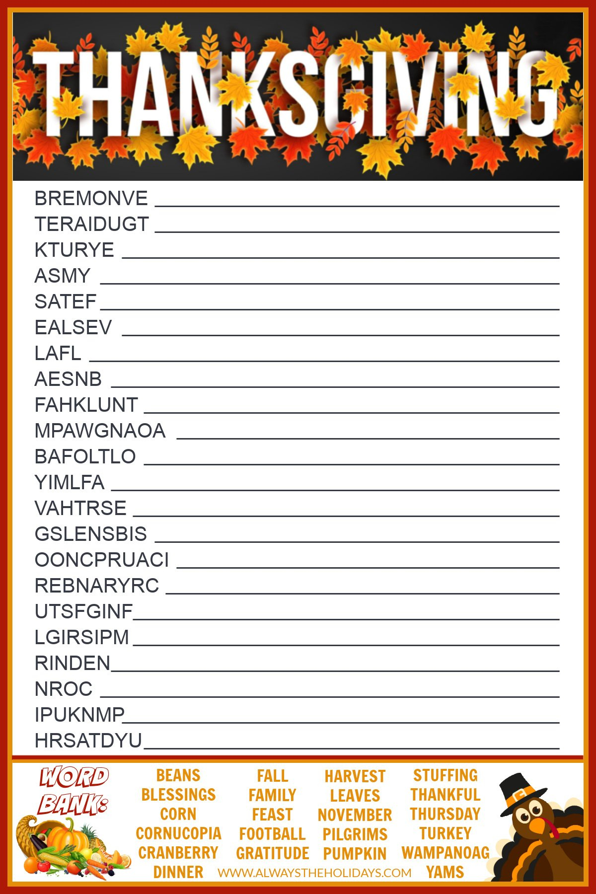Get A Free Printable Thanksgiving Word Scramble With Answers within Thanksgiving Word Scramble Worksheet