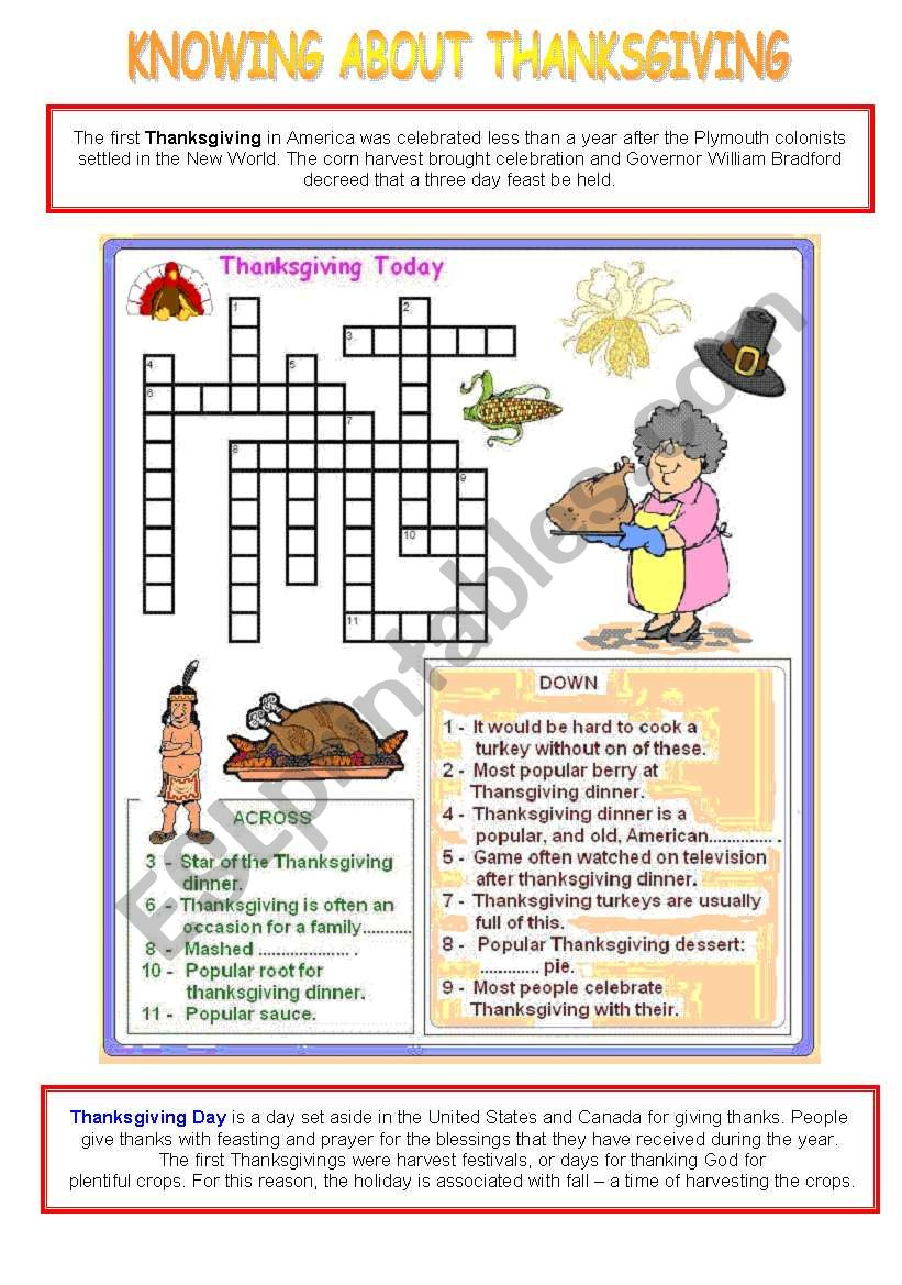 Knowing About Thanksgiving - Activity 1 - Esl Worksheetvenezababi pertaining to Thanksgiving Around the World Worksheet