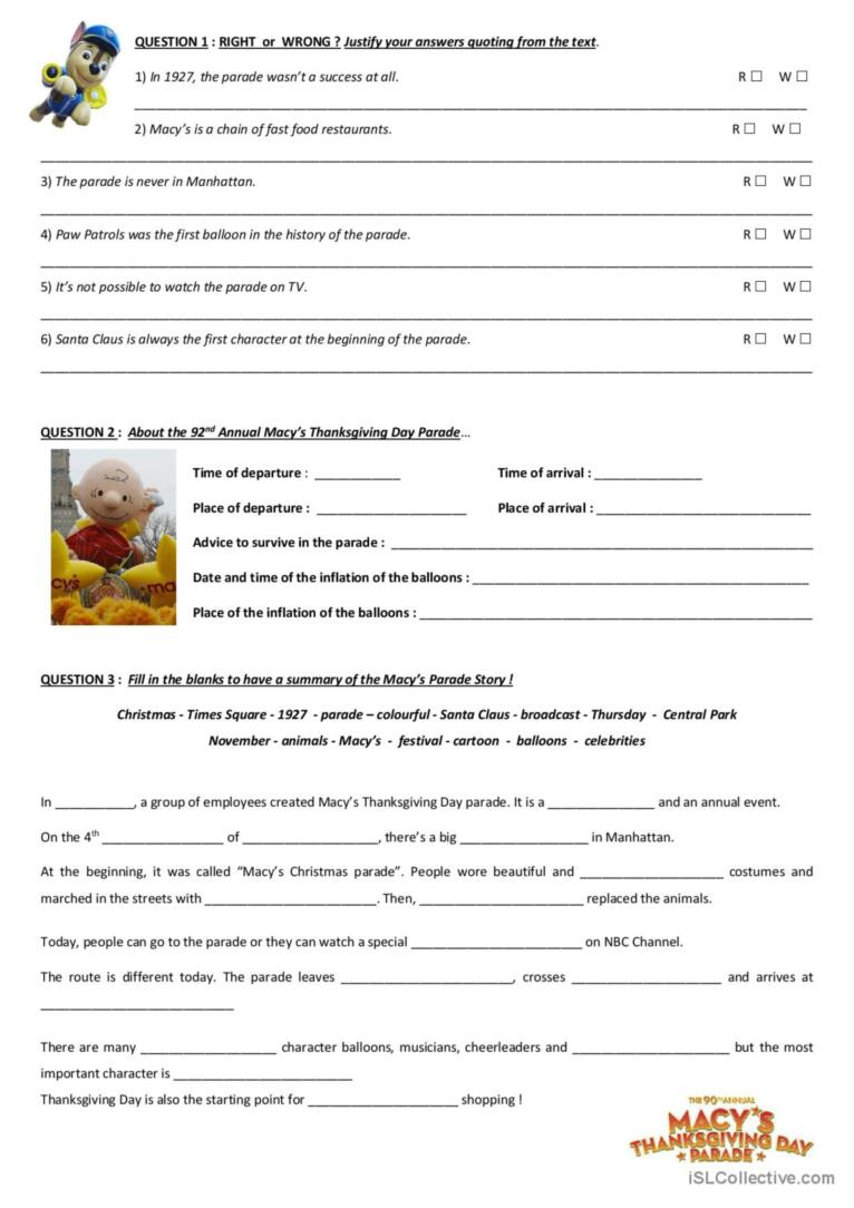 Macy&amp;#039;S Thanksgiving Day Parade: English Esl Worksheets Pdf &amp;amp; Doc inside Macy&amp;amp;#039;s Thanksgiving Day Parade Worksheet