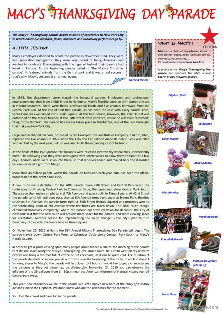 Macy&amp;#039;S Thanksgiving Day Parade Readi…: English Esl Worksheets Pdf intended for Macy&amp;#039;S Thanksgiving Day Parade Worksheet