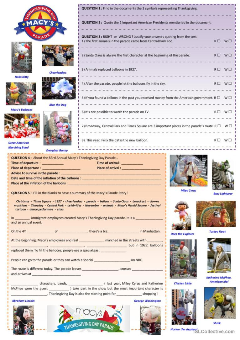 Macy&amp;#039;S Thanksgiving Day Parade Readi…: English Esl Worksheets Pdf throughout Macy&amp;#039;S Thanksgiving Day Parade Worksheet