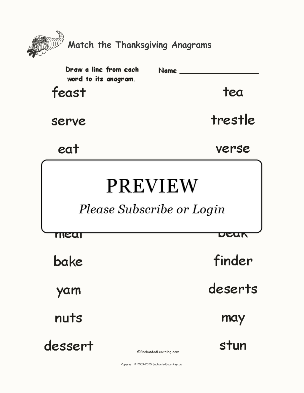 Match The Thanksgiving Anagrams - Enchanted Learning within Thanksgiving Anagrams Worksheet