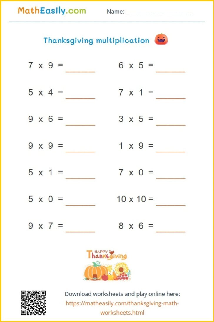 Thanksgiving Multiplication Worksheets Free Printable