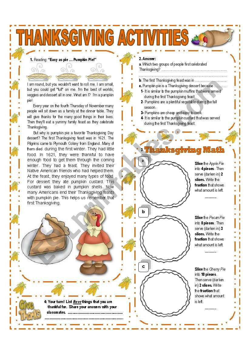 November Theme:thanksgiving - Activities With Key - (1/3 inside Thanksgiving A Day of Thanks Worksheet Answers