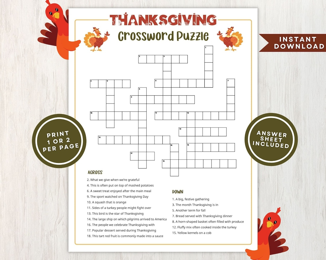 Printable Thanksgiving Crossword Puzzle For Kids And Adults regarding Thanksgiving Crossword Puzzle Worksheet