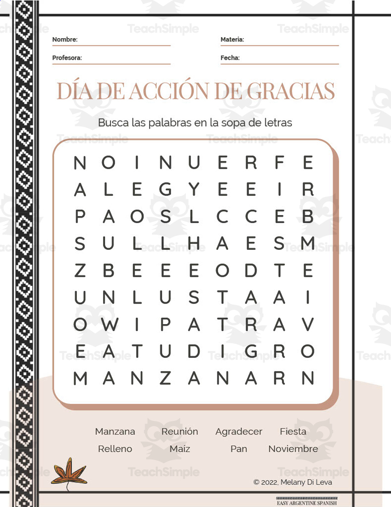 Spanish: Thanksgiving Day Word Search Packet with Thanksgiving Spanish Worksheets