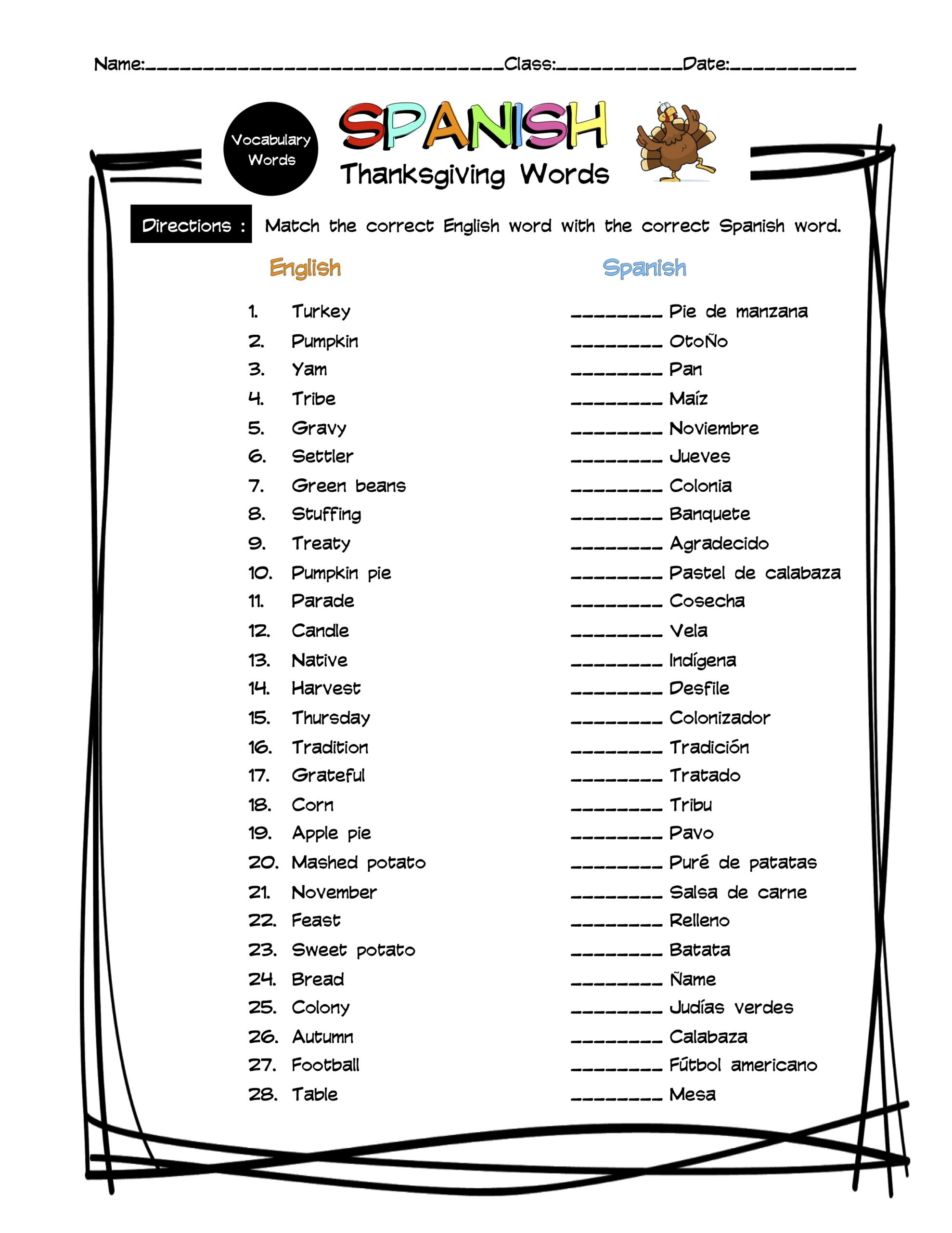 Spanish Thanksgiving Vocabulary Matching Worksheet &amp;amp; Answer Key within Spanish Thanksgiving Worksheets