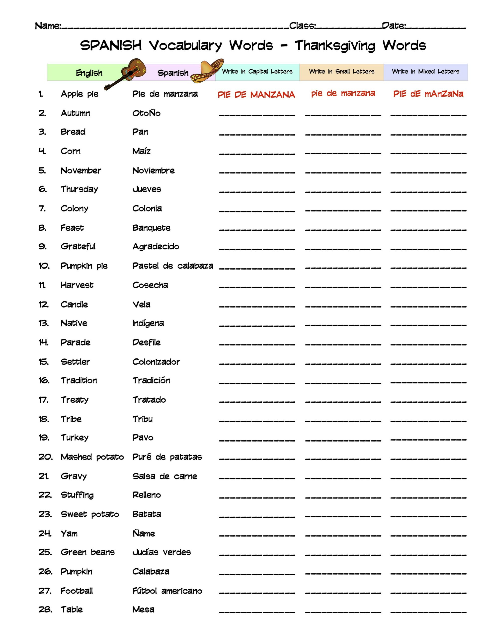 Spanish Thanksgiving Vocabulary Word List Column Worksheet | Made with Spanish Thanksgiving Vocabulary Worksheets