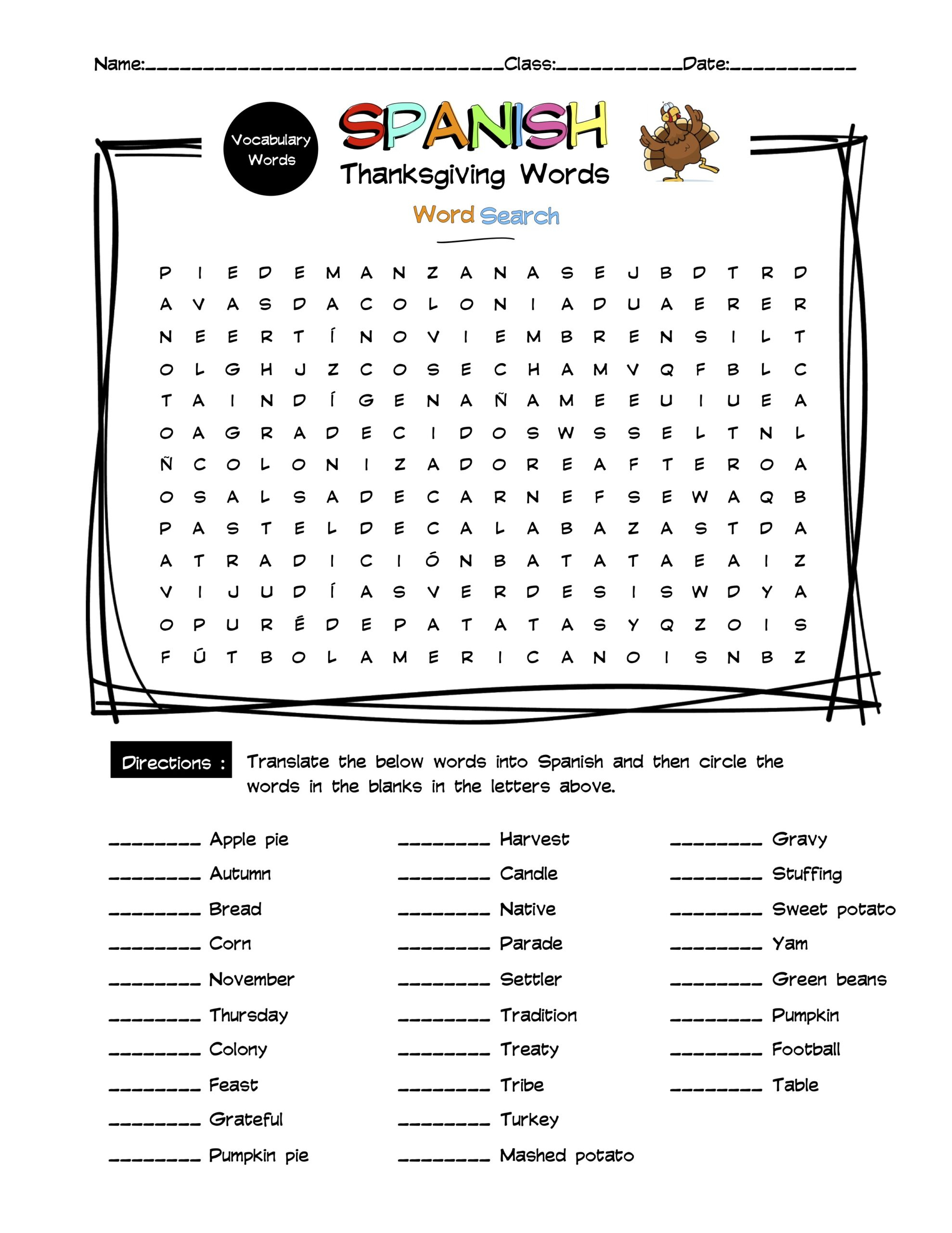 Spanish Thanksgiving Vocabulary Word Search &amp;amp; Answer Key | Made for Spanish Thanksgiving Vocabulary Worksheets