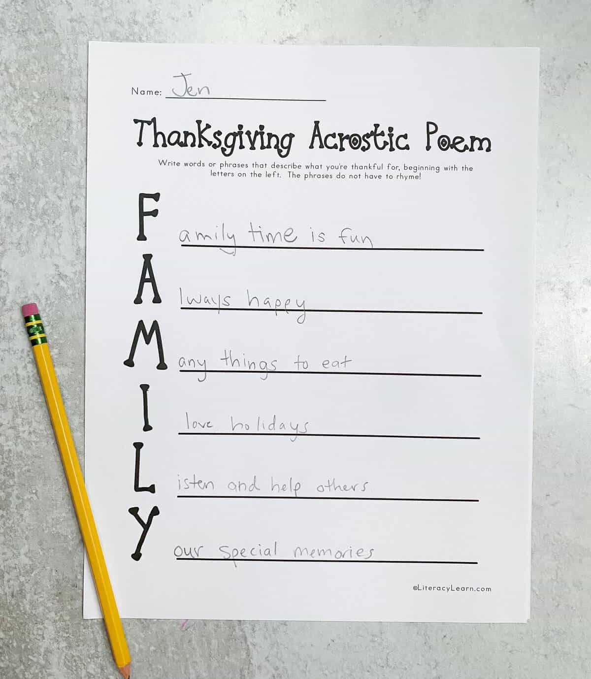 Thanksgiving Acrostic Poems - 4 Free Printables - Literacy Learn in Thanksgiving Acrostic Poem Worksheet