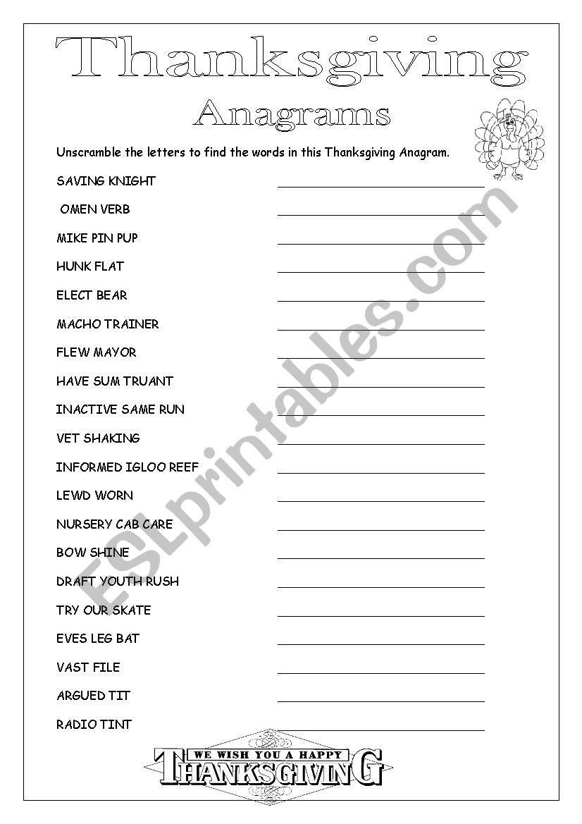Thanksgiving Anagrams - Esl Worksheetloretta01 intended for Thanksgiving Anagrams Worksheet Answers