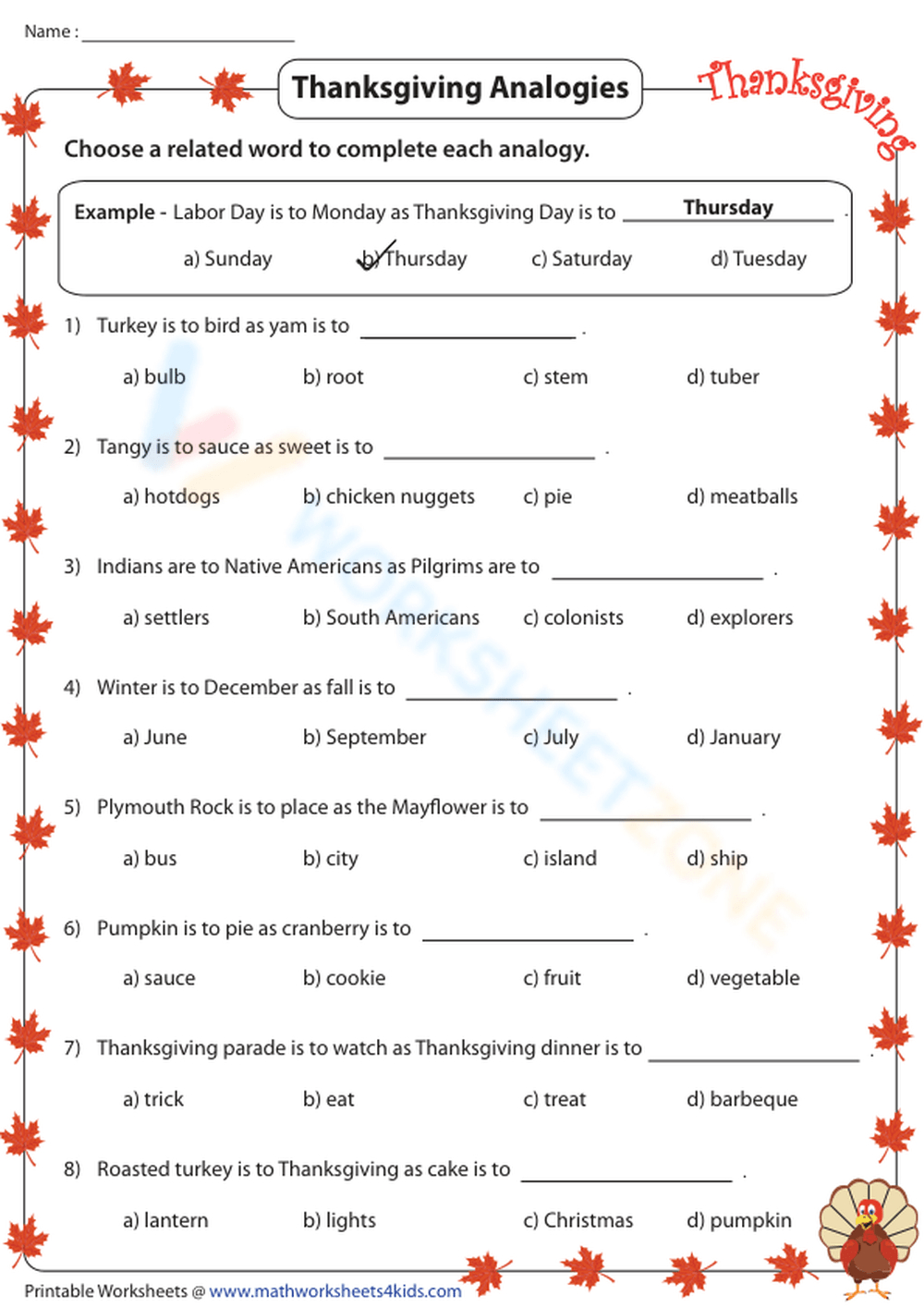 Thanksgiving Analogies: Festive &amp;amp; Fun Worksheet! Worksheet in Thanksgiving Analogies Worksheet Answer Key