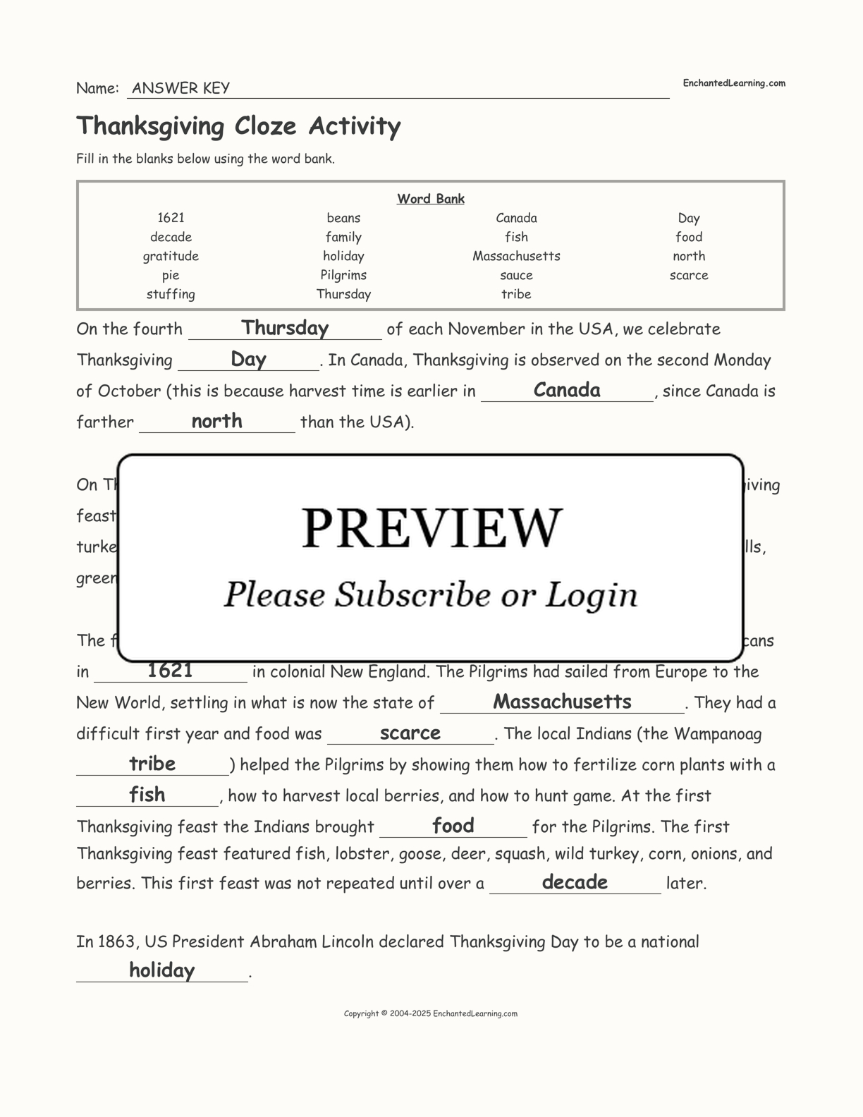 Thanksgiving Cloze Activity - Enchanted Learning within Thanksgiving Cloze Worksheets
