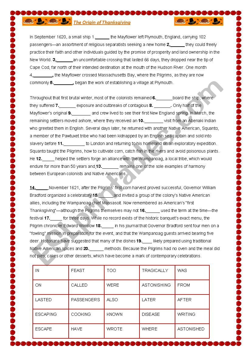 Thanksgiving Cloze Text - Esl Worksheetalaniss intended for Thanksgiving Cloze Worksheets
