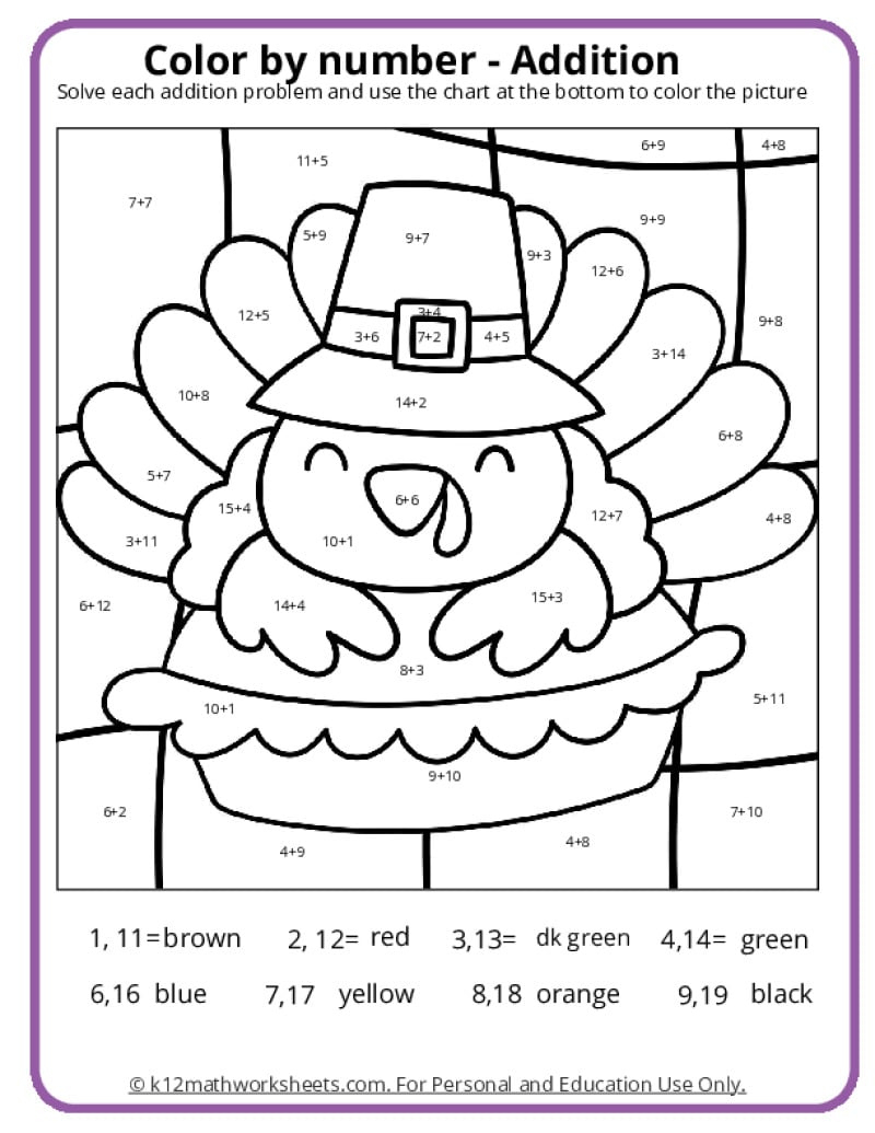 Thanksgiving Colornumber Pages - K12 Math Worksheets pertaining to Thanksgiving Themed Math Worksheets
