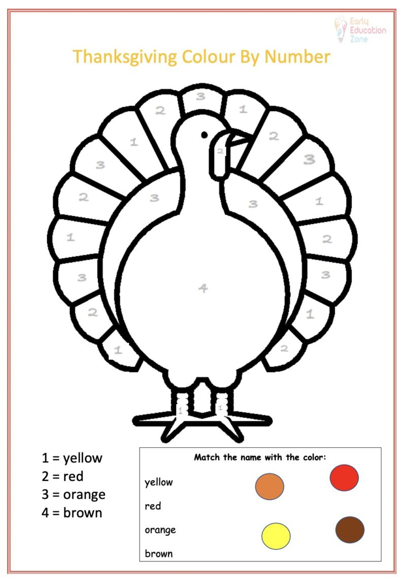 Thanksgiving Colournumber Turkey | Early Education Zone with Thanksgiving Turkey Worksheets
