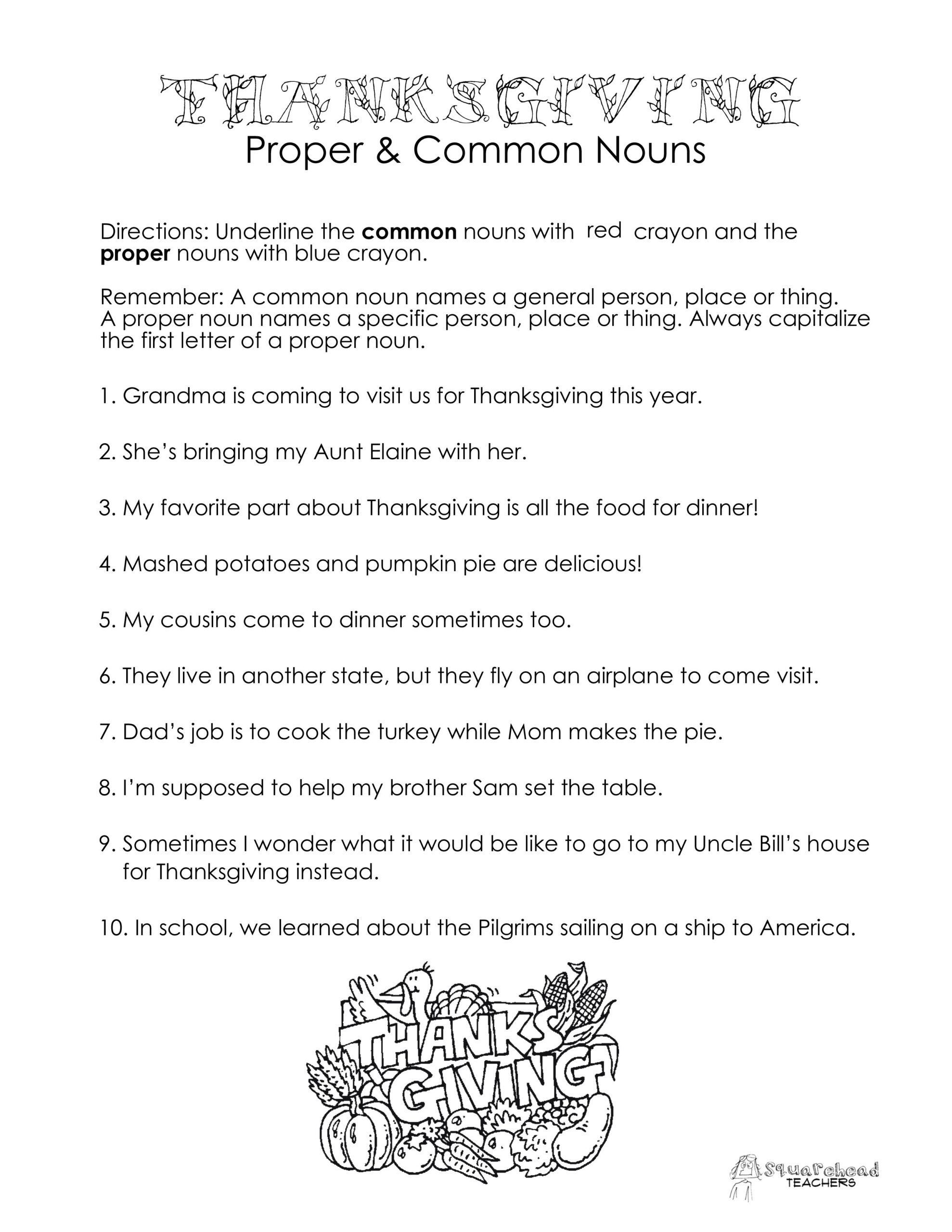 Thanksgiving Common Vs. Proper Nouns Worksheet | Squarehead Teachers inside Thanksgiving Nouns Worksheets