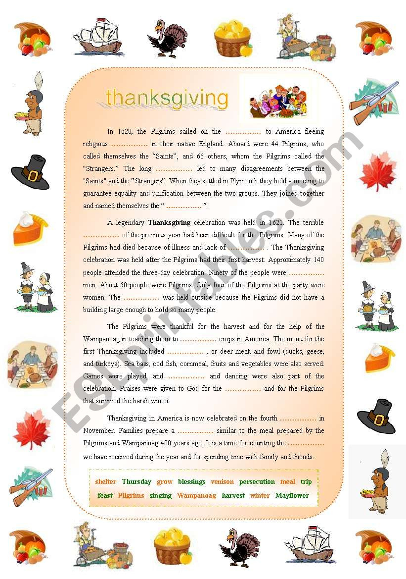 Thanksgiving: Complete-The-Gaps Reading With All The Main for Thanksgiving on Thursday Worksheets