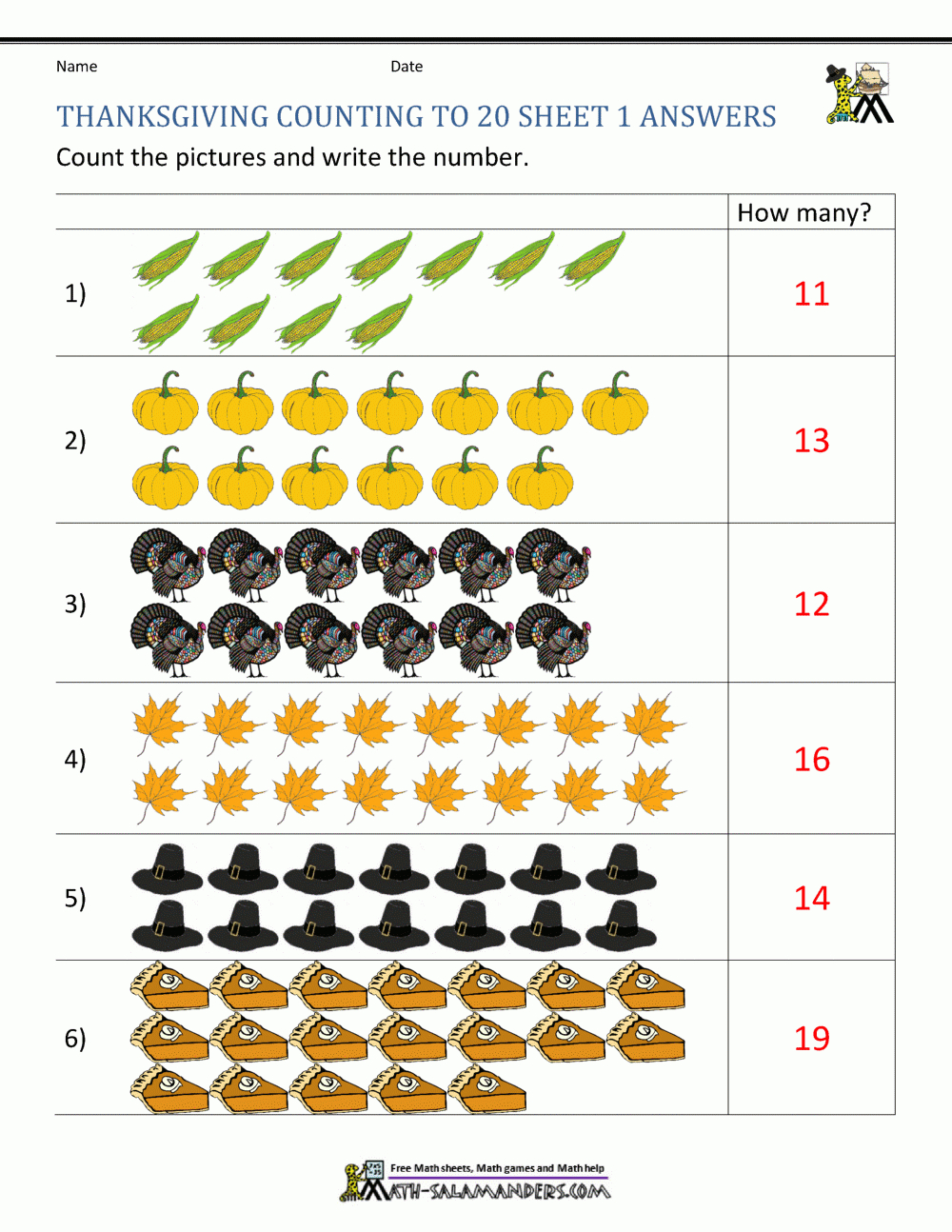 Thanksgiving Counting Worksheets within Thanksgiving Worksheet Answers