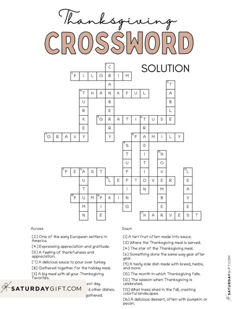 Thanksgiving Crossword Puzzle - Cute &amp;amp; Free Printable | Saturdaygift with regard to Thanksgiving Crossword Puzzle Worksheet Answer Key