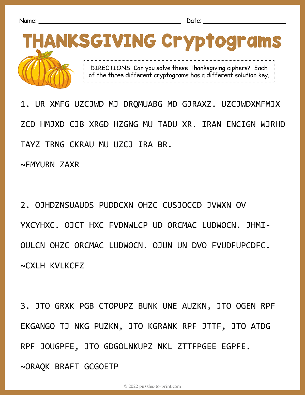 Thanksgiving Cryptograms with Thanksgiving Cryptogram Worksheet