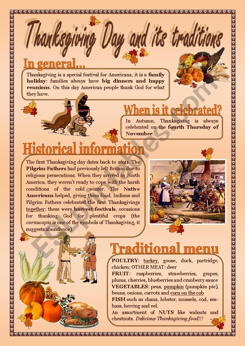 Thanksgiving Day And Its Traditions - Esl Worksheetalex076 regarding Thanksgiving Traditions Worksheet