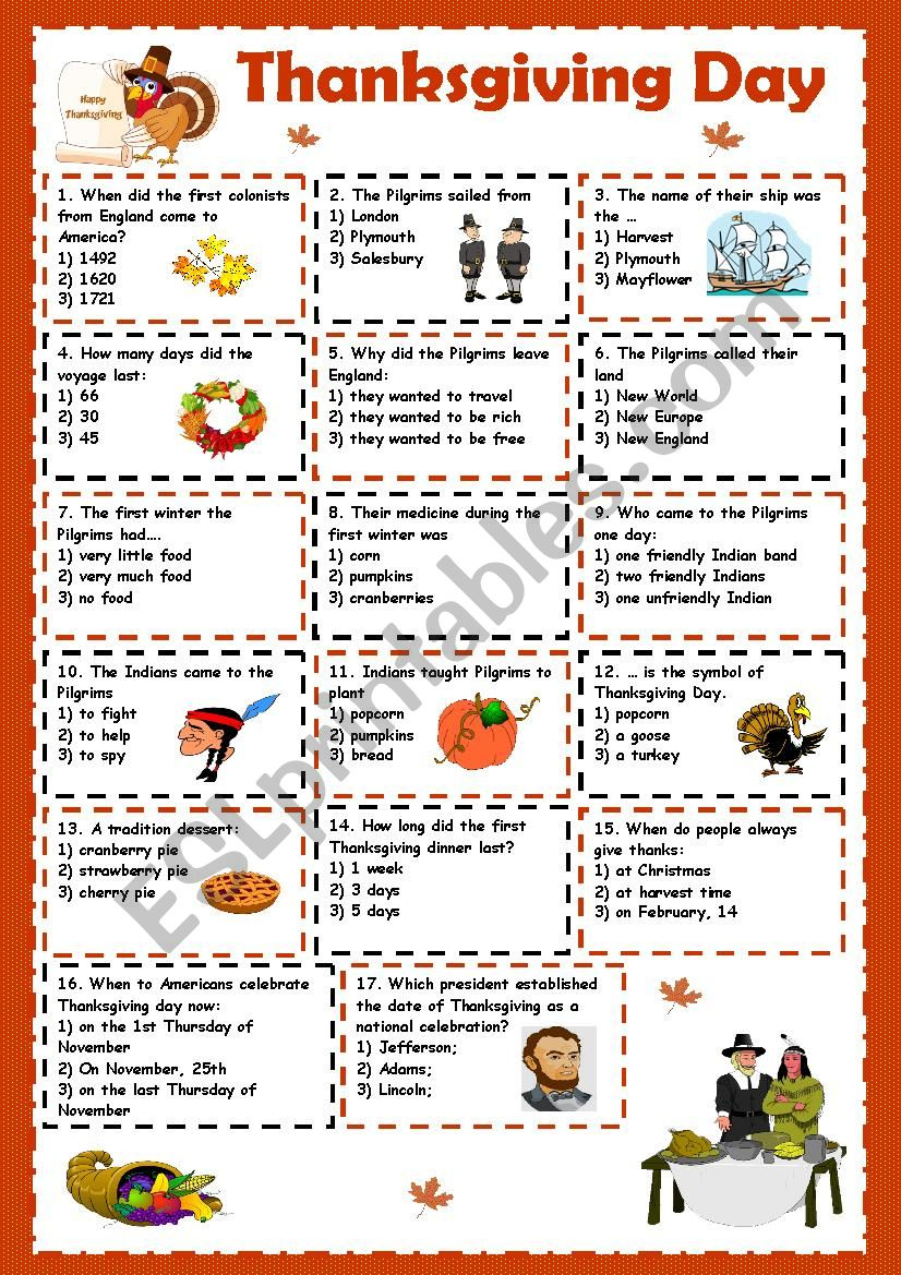 Thanksgiving Day - Esl Worksheetkosamysh with Thanksgiving A Day Of Thanks Worksheet Answers
