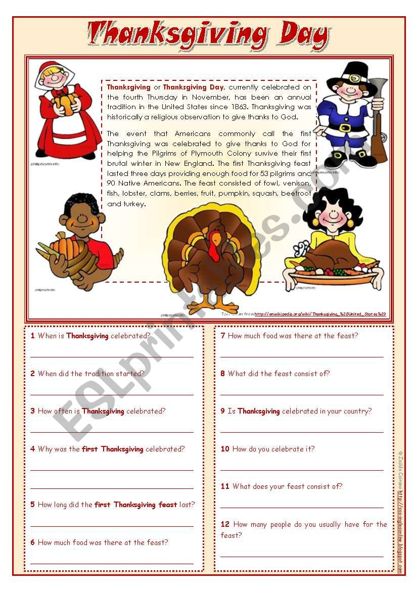 Thanksgiving Day - Reading Comprehension ***Editable - Esl for History Of Thanksgiving Reading Comprehension Worksheets