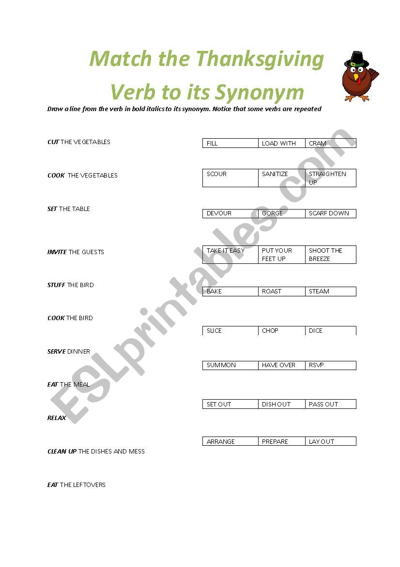 Thanksgiving Dinner Synonyms - Esl Worksheetupen Atem in Thanksgiving Synonyms Worksheet