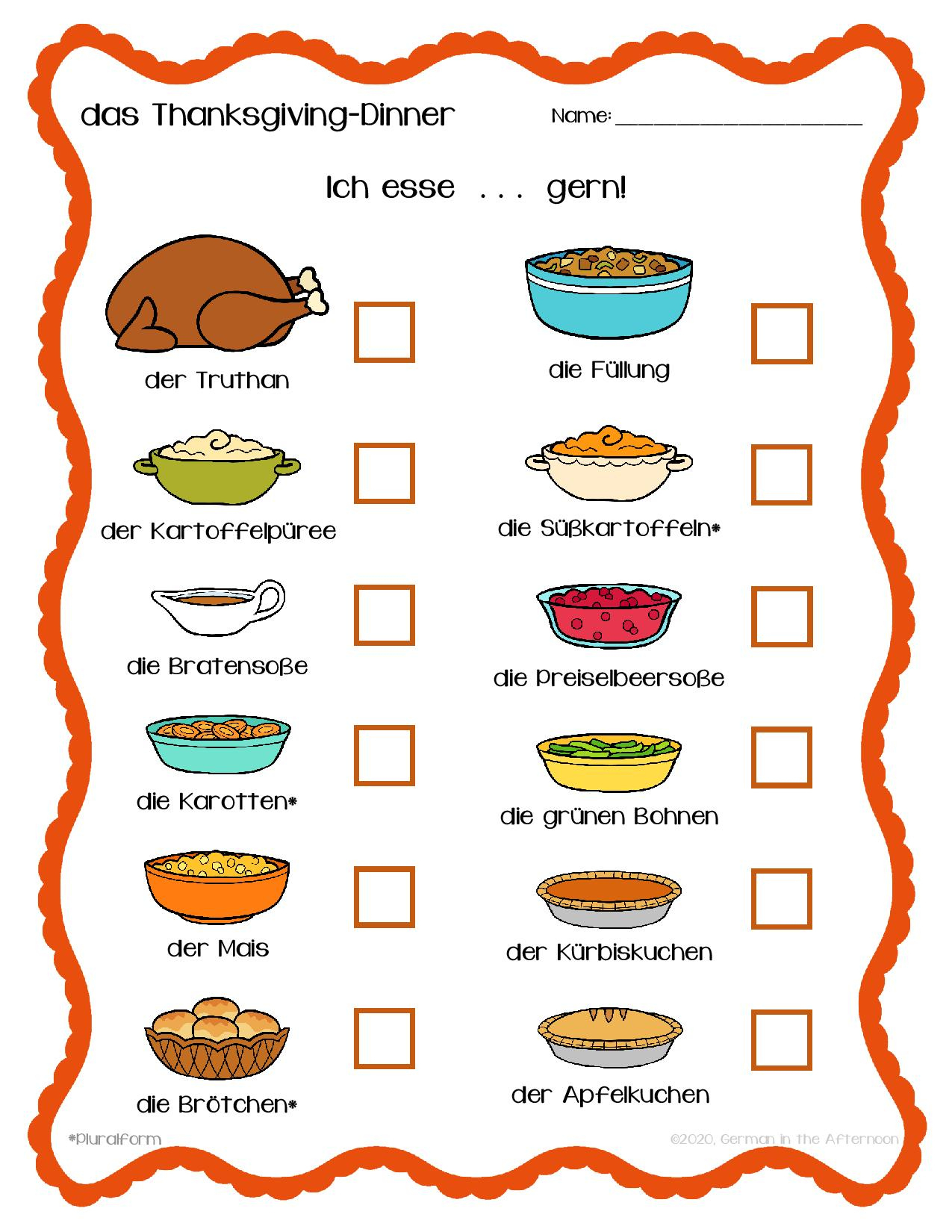 Thanksgiving-Dinner Umfrage / Survey | German In The Afternoon for Thanksgiving Meal Worksheet