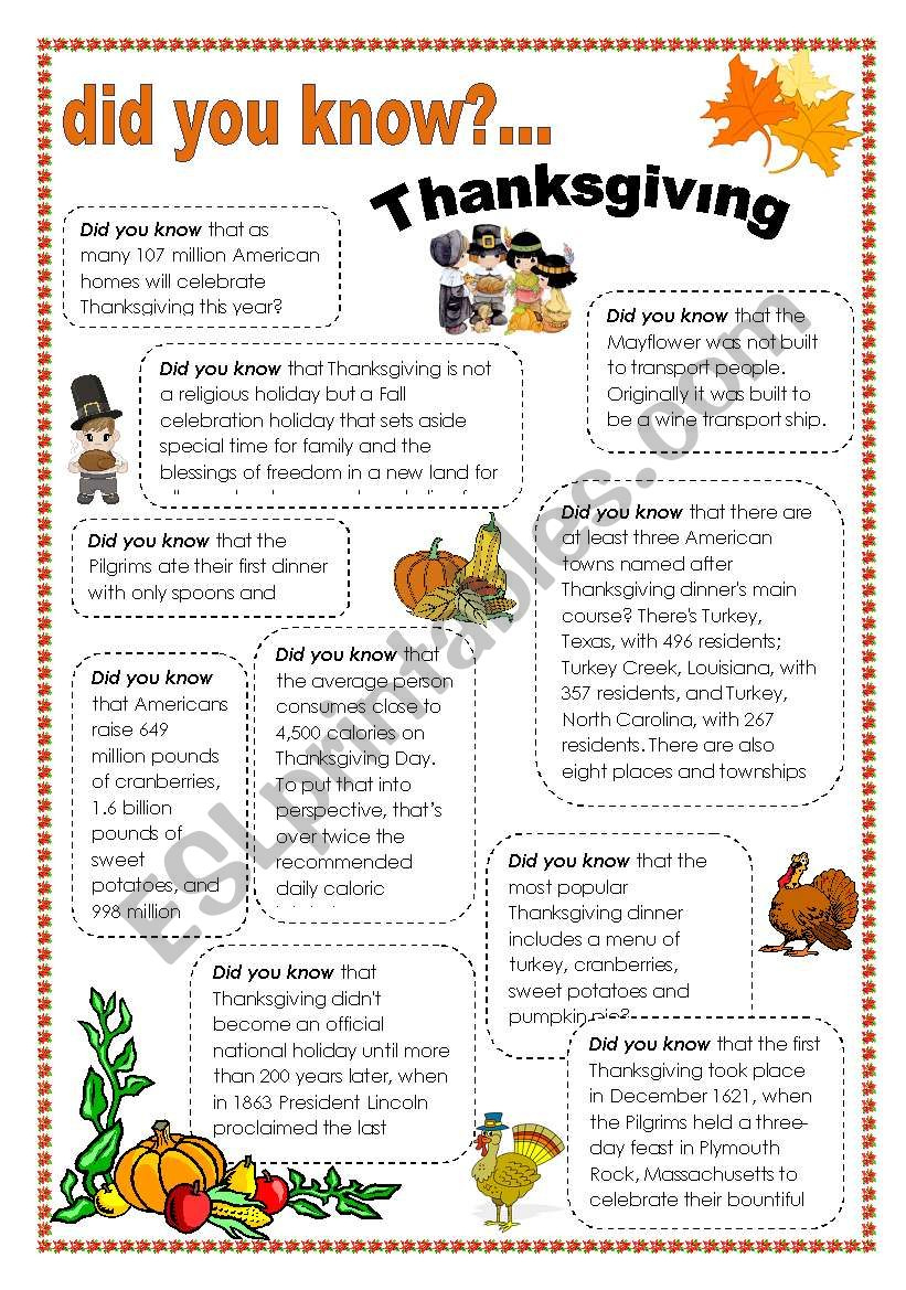 Thanksgiving Facts - Esl Worksheetintothefire with Thanksgiving Facts Worksheet