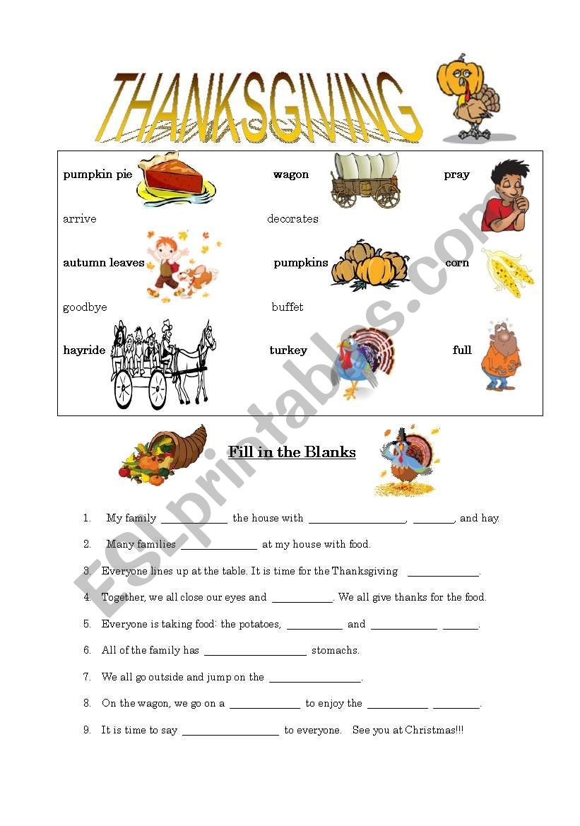 Thanksgiving Fill In The Blanks - Esl Worksheetjbm182 in Fill in the Blank Thanksgiving Worksheets