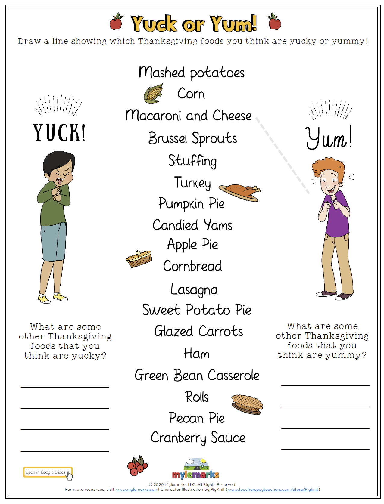 Thanksgiving Foods Yuck Or Yum! (Gs) for Thanksgiving Foods Worksheet