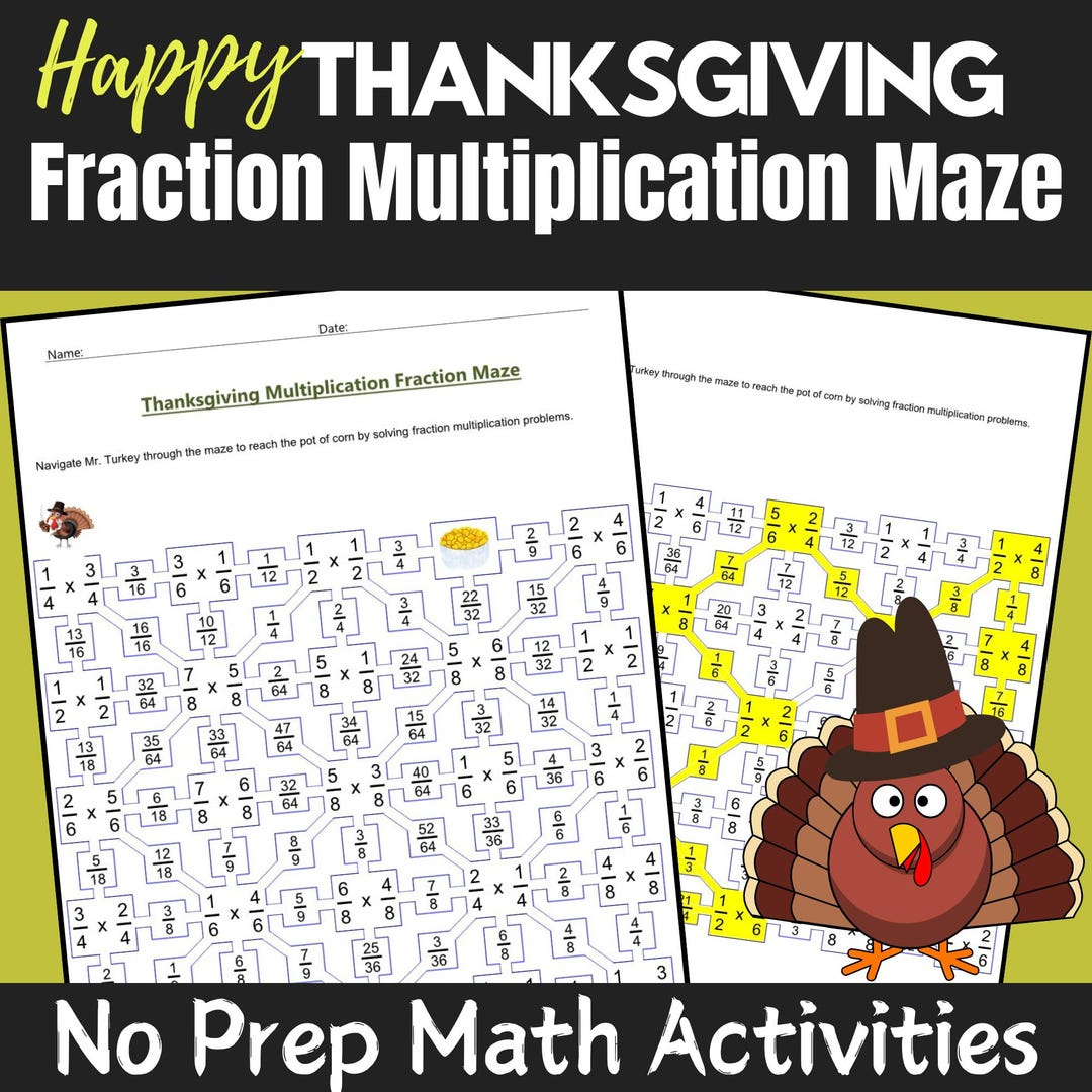 Thanksgiving Fraction Multiplication Maze: Math Worksheets inside Thanksgiving Fraction Math Worksheets